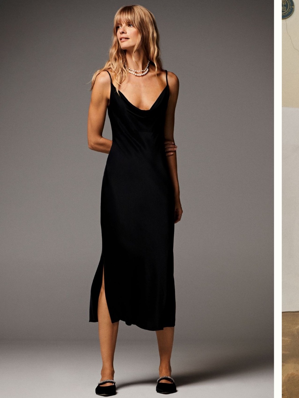 Anthropologie Black Slip Midi Dress with Cowl Neck